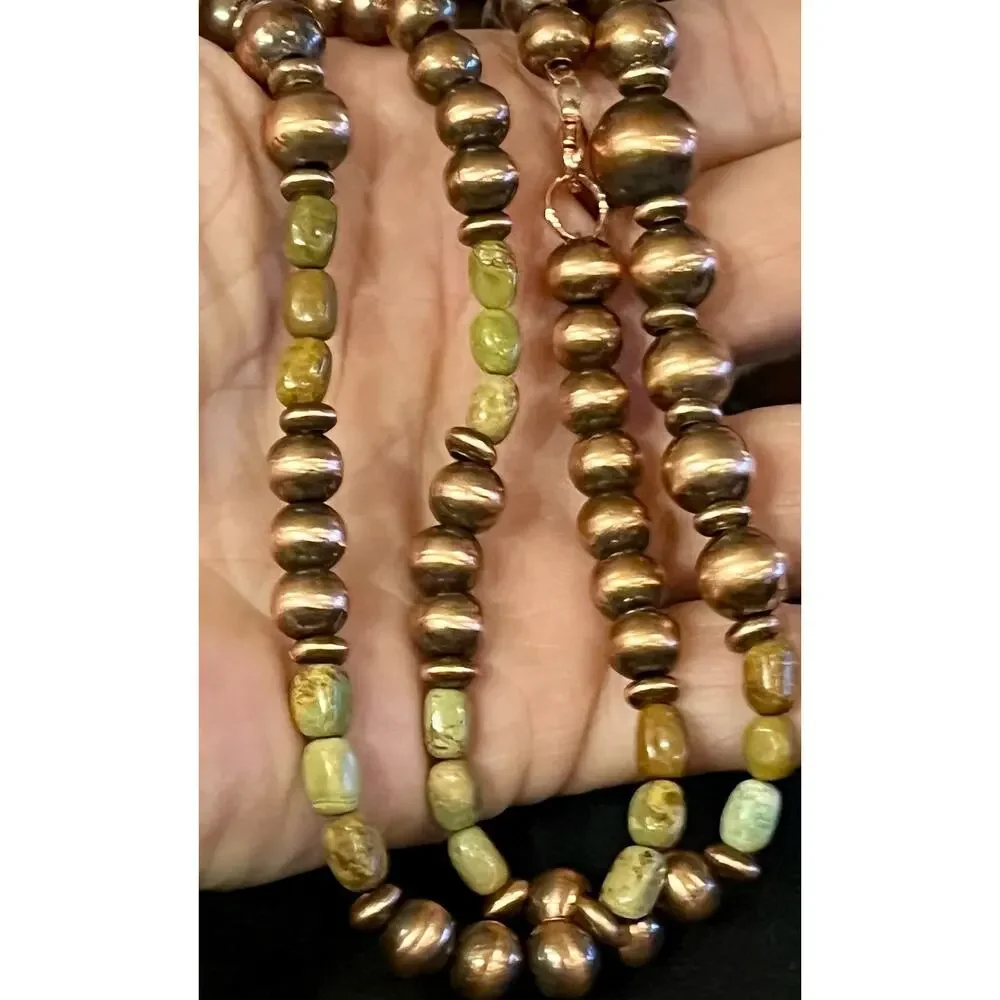 Royston Turquoise Oxidized Copper Desert Pearl 16” Southwestern Beaded Necklace - Picture 9 of 13